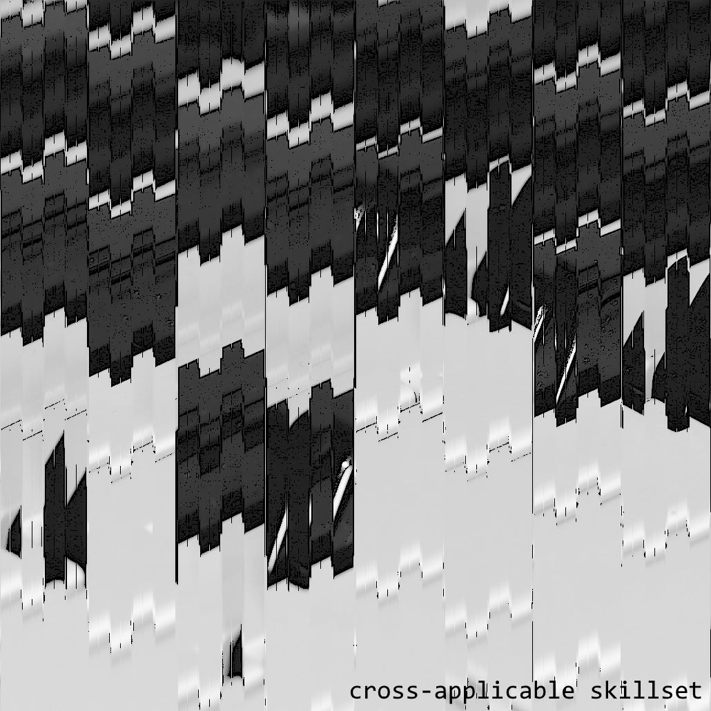 originally an image of a piano, but cut into sections and distorted so it appears to just be lines melting into each other. text reads cross-applicable skillset